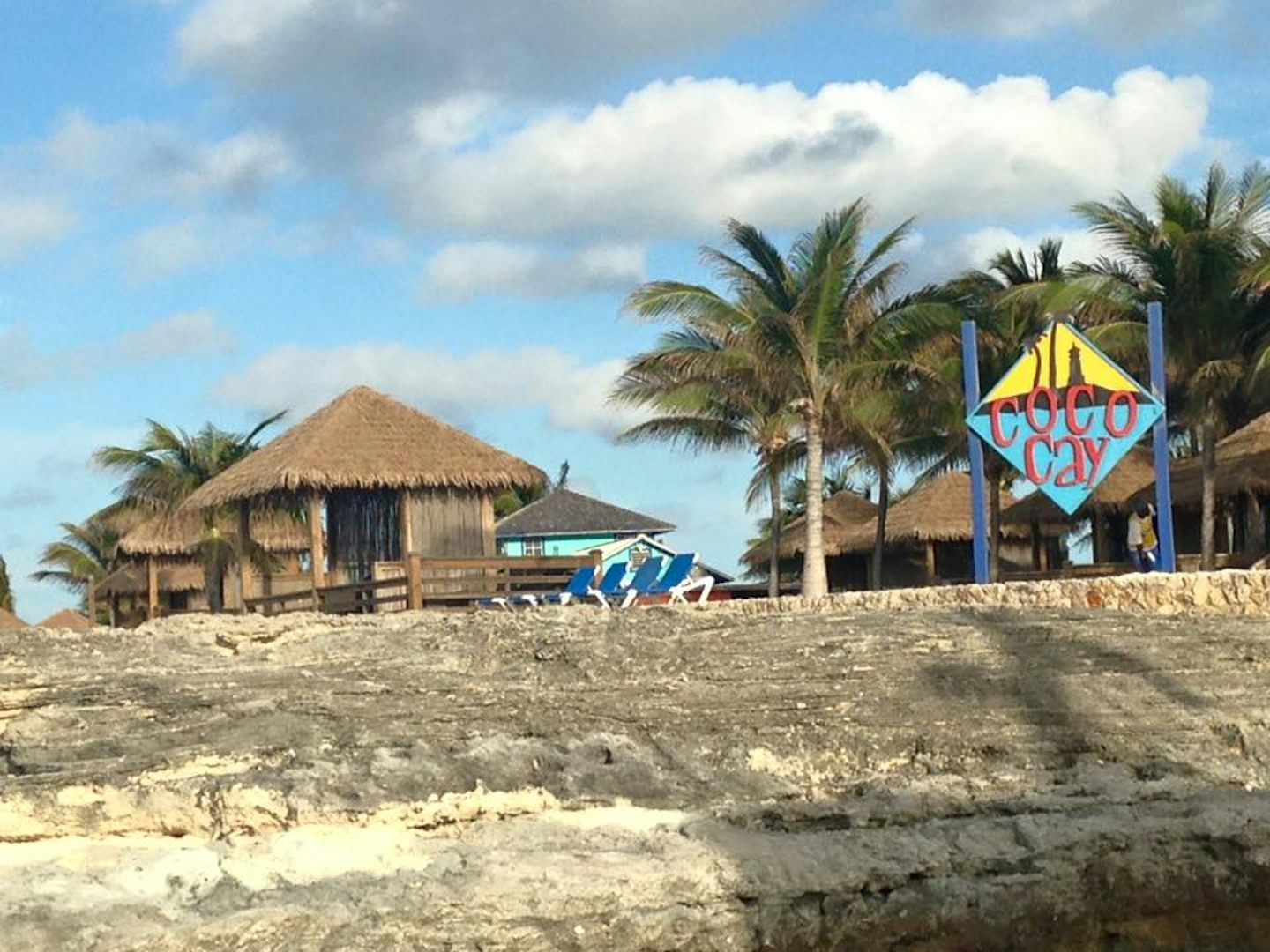 View of our cabana, Cabana #7, and the Coco Cay sign, tendering back to the ship