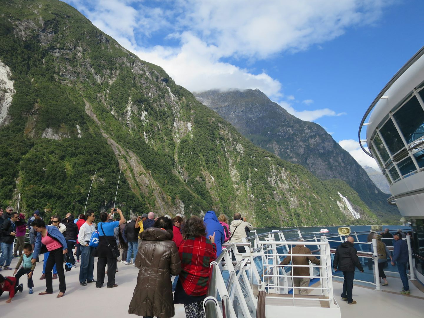 Fiordland National park cruising (Milford Sound). View from the top front