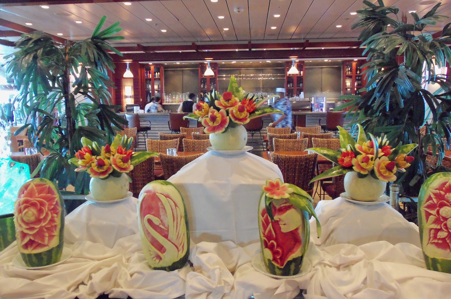 Fabulous fruit carvings on display at entrance to Windjammer.