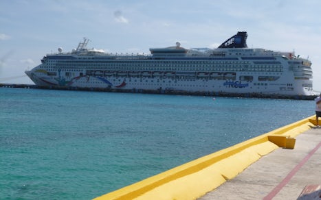 view of the ship from port in Costa Maya, Mexico.