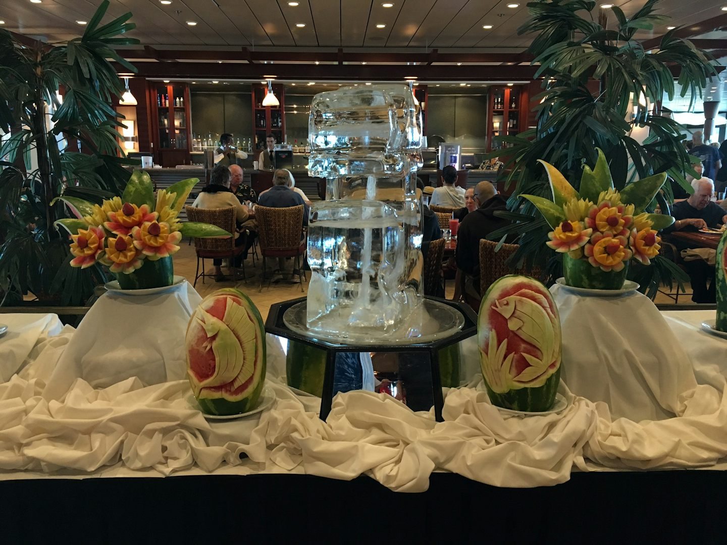 Carved watermelons and ice sculpture, leading into the Windjammer