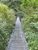 Walking across a swing bridge, Taroko Gorge, Taiwan.
