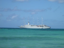 The ship is moored off Barbuda