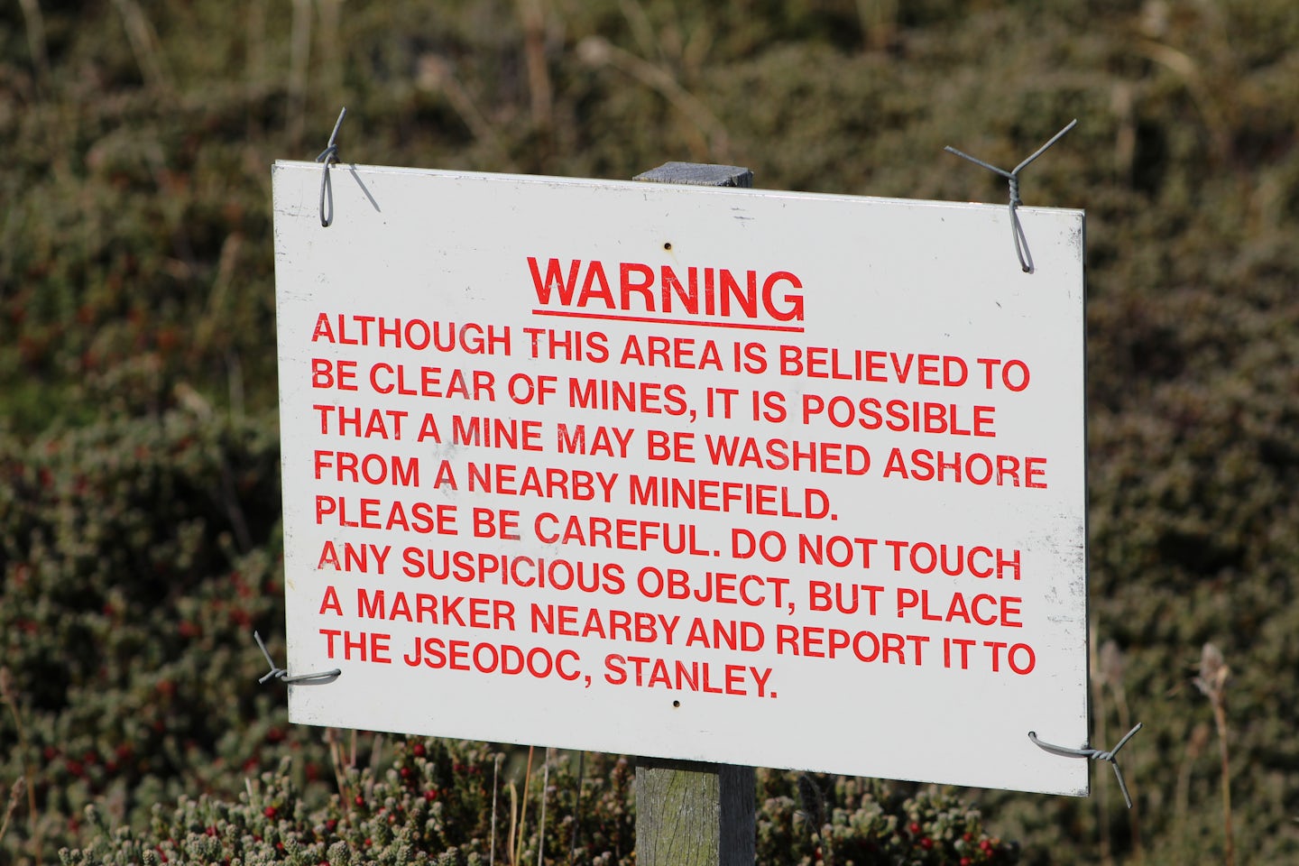 The Mine Field warning at Gypsy Cove, Stanley, Falkland Islands.