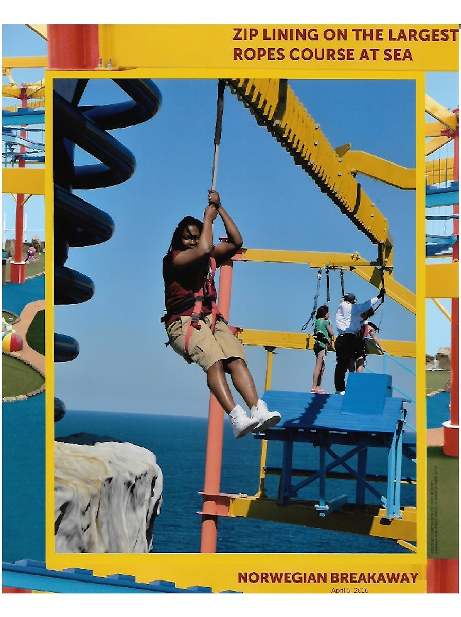 The zipline at the end of the rope course on board the Breakaway.