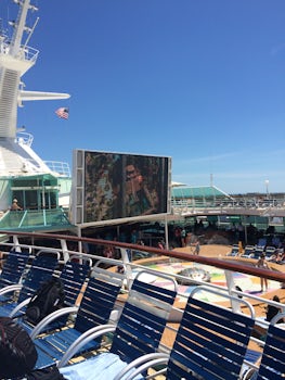 Great movie screen on the pool deck.  We got comfy on lounge chairs and watched