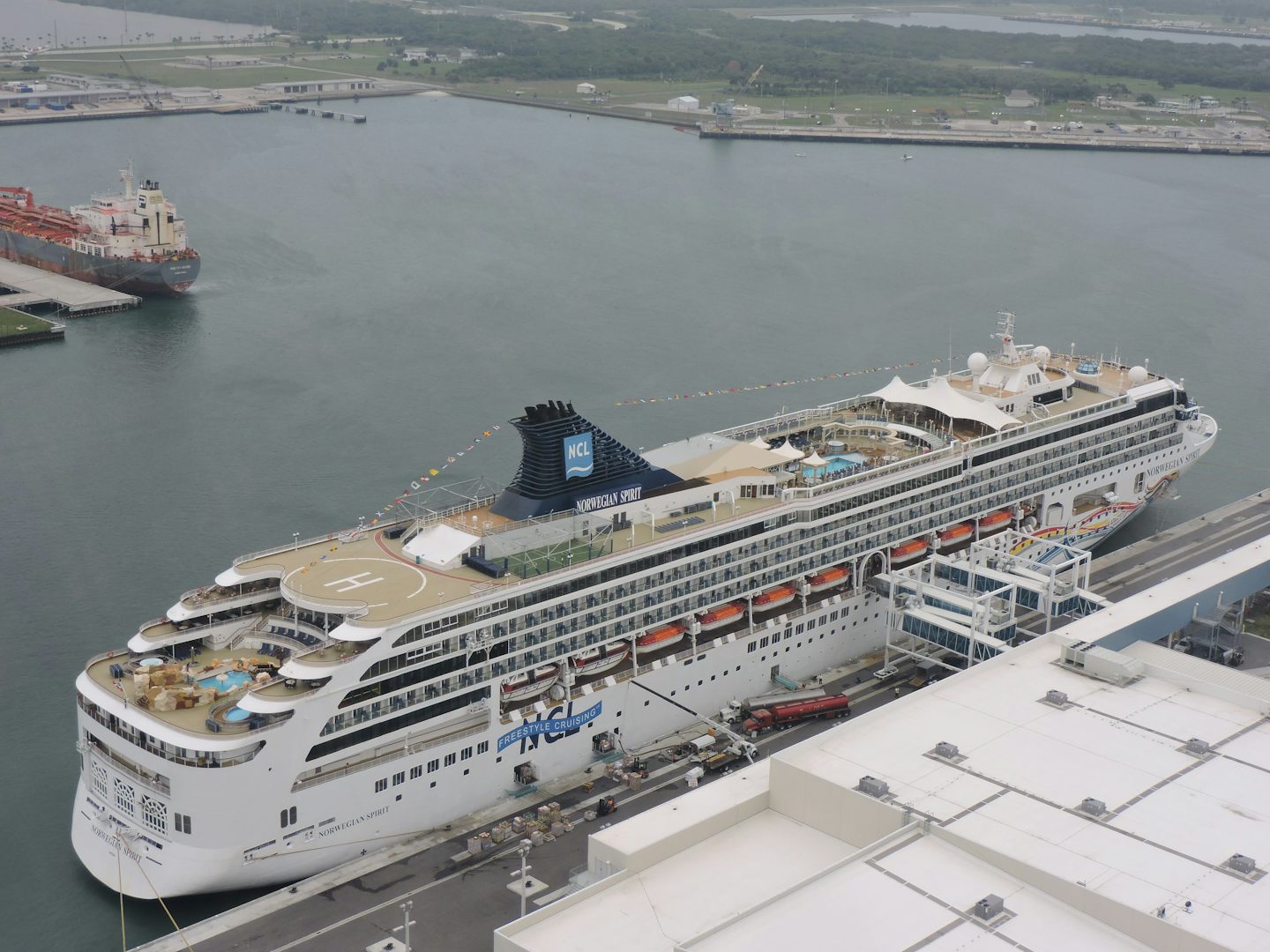 Overview of ship at Port Canaveral taken from helicopter trip