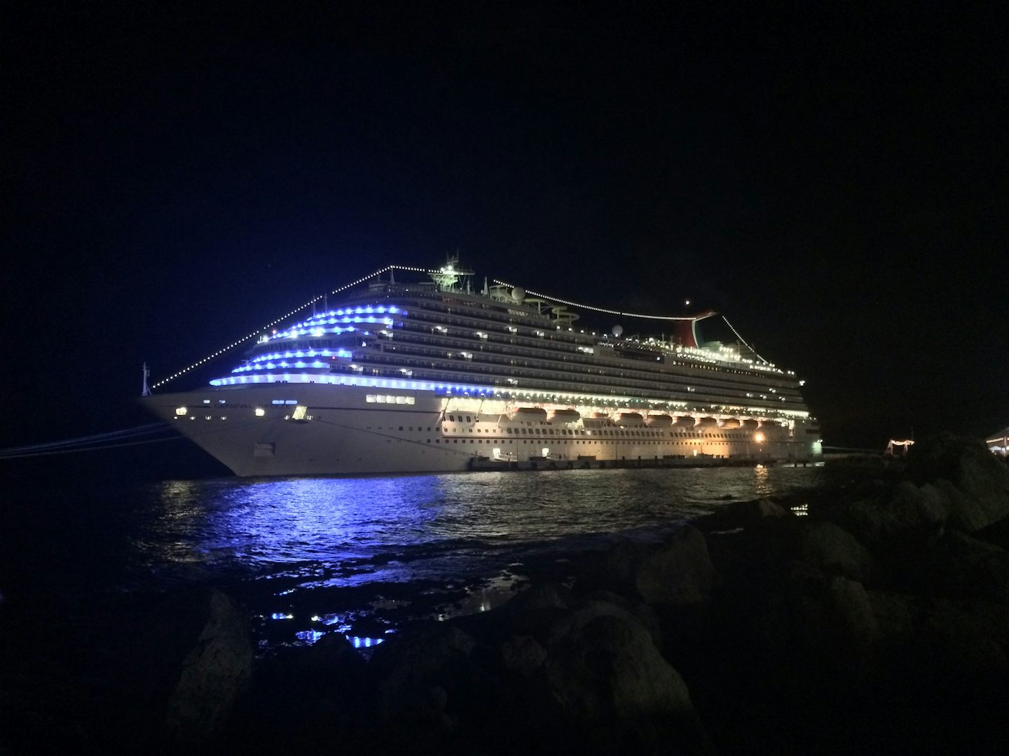 Nighttie view of the ship docked in Curacao