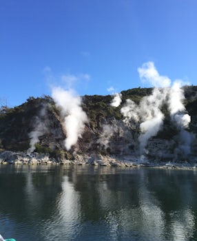 Steam and Geysers on Lake RotoMahane in the Waimangu Valley
