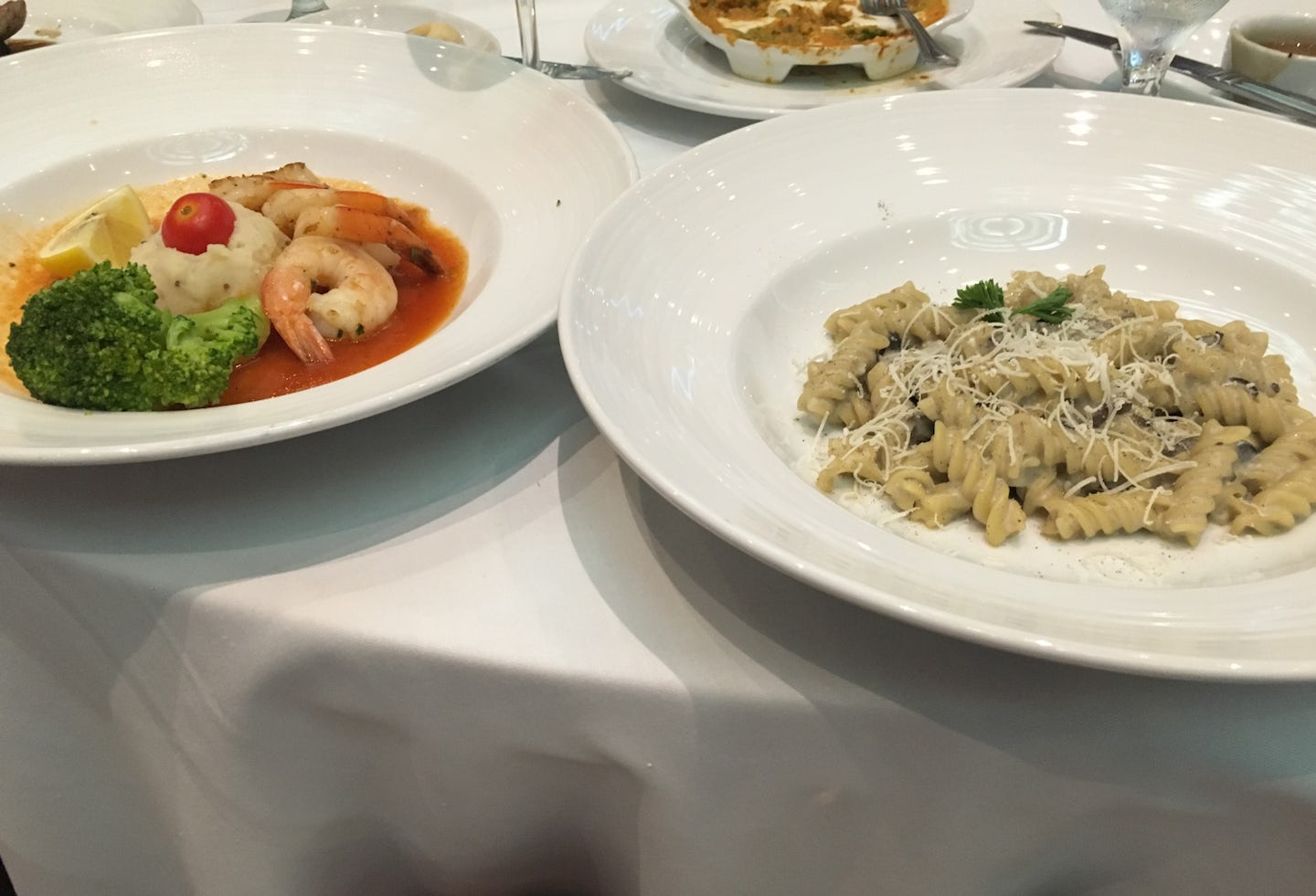 Tiger shrimp and mushroom fusilli pasta. Both delicious.