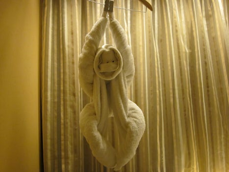 Nightly animal towel decorations in cabin.