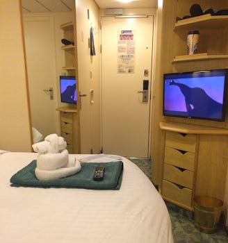 Our towel animal watching tv in our stateroom