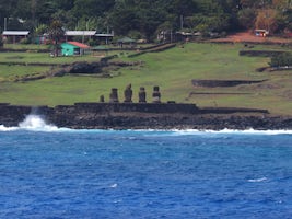 Moai (Stone Heads) at Easter Island, shot from the ship.  Never made it to shore due to failed tendering.