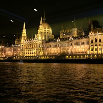 The Hungarian Parliament House at night. On our last evening aboard, the captain took us on a cruise of ancient Budapest to see the buildings under dramatic lighting. Spectacular!