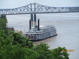 Beautiful American Queen docked at a port of calLevee at Natchez, MS.l.