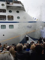 Claudine Pepin breaking  champagne bottle to christen the MS Sirena, 27 Apr