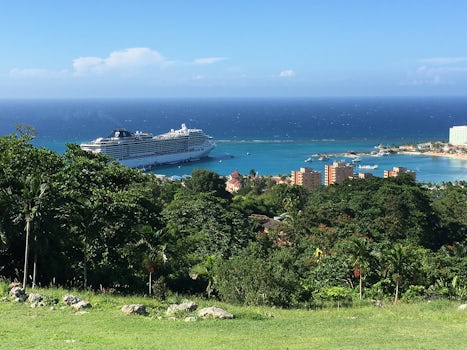 View from ocean on the ridge to port and ship