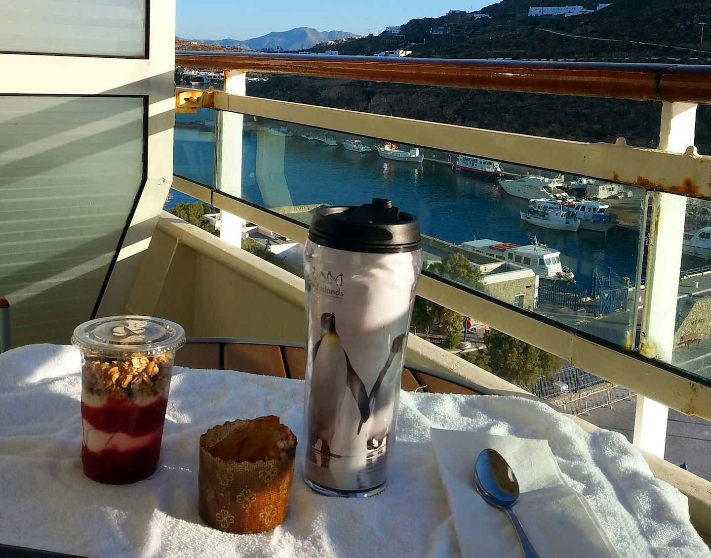 Breakfast on our balcony overlooking Chania Crete. Great breakfast choices