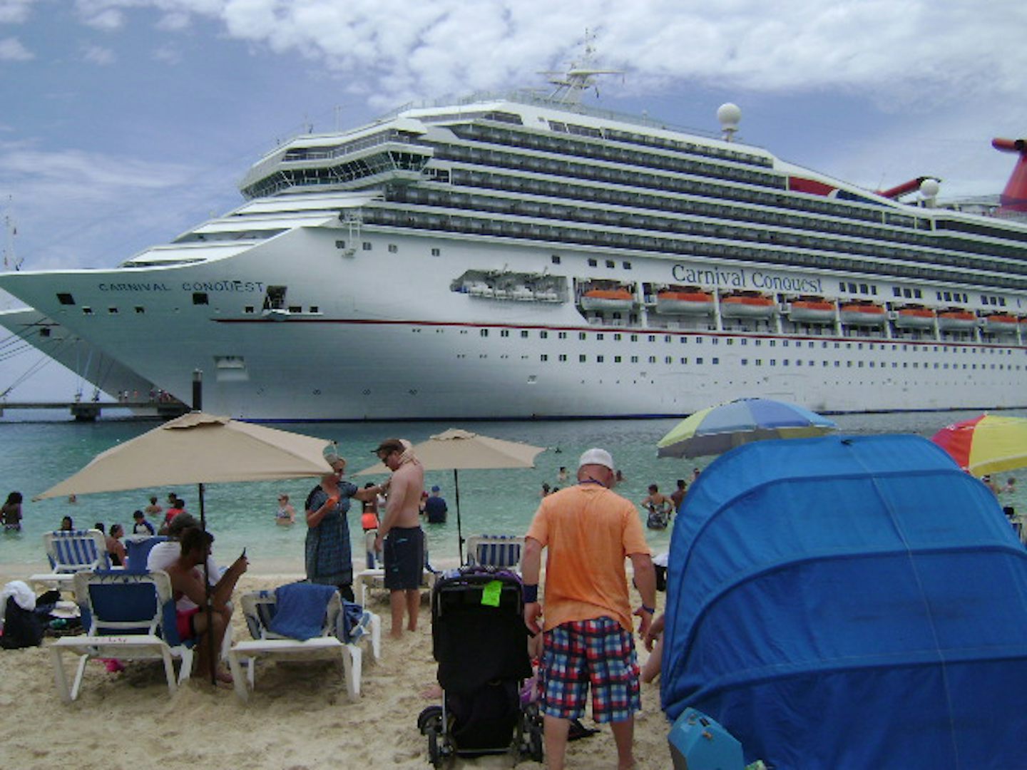 The Carnival Conquest from the beach in Grand Turk