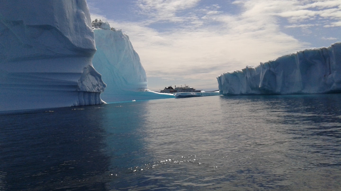 A view of the MS Fram taken through a huge multi-level iceberg, while on on