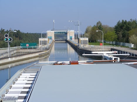 Approaching a lock on the Main-Danube Canal with the front of the sundeck down.