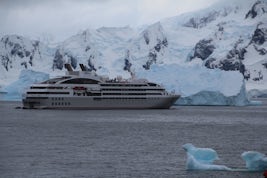 Le Lyrial standing offshore from Portal Point while passengers visited the seals and penguins on the Antarctic mainland.