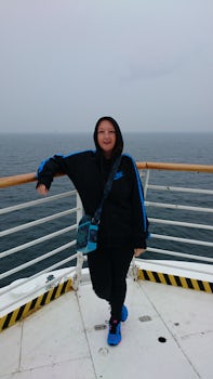 Julie standing at the bow of the Navigator as we approach the Öresund Brid