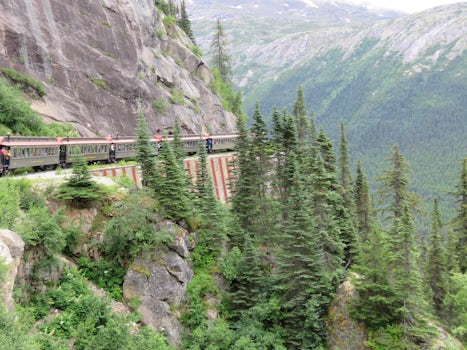 The White Pass and Yukon Railway winds through the mountains.