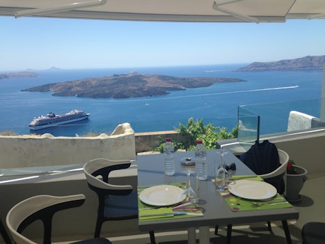 Lunch in Santorini- in the town of Fira. Beautiful restaurant