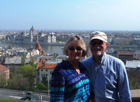 Nancy and Mark Rudd at the Fisherman's Bastion in Budapest with the ico