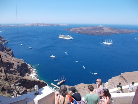 view of our ship from Santorini.