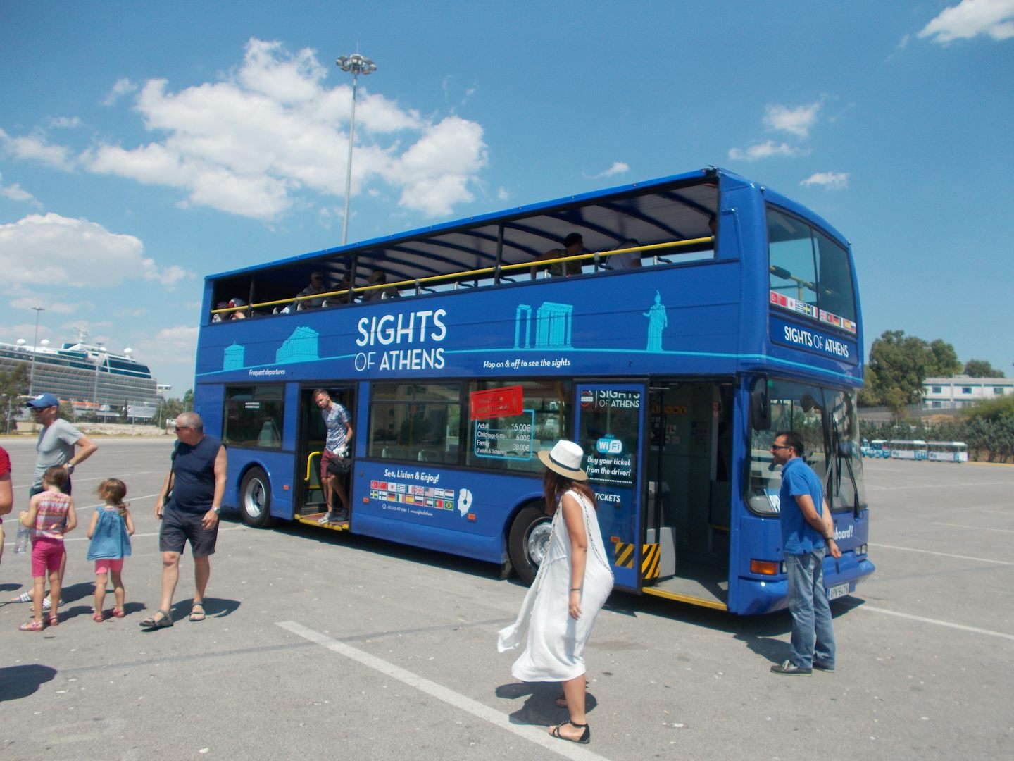 the blue bus which takes you from the port at Athens to the Acropolis for 1