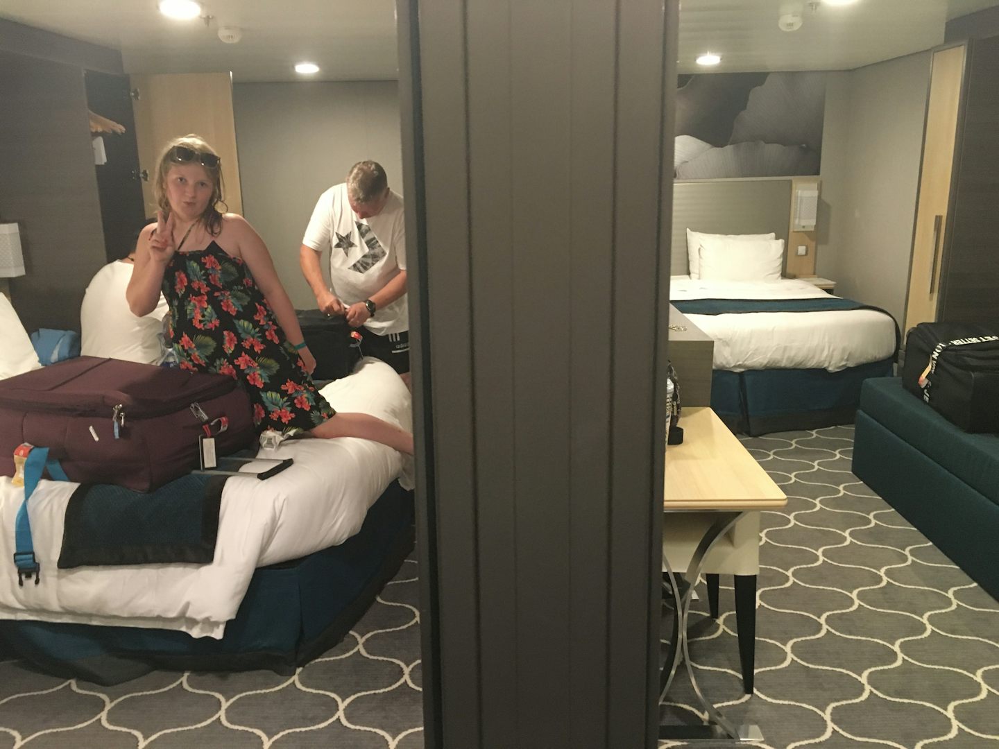 Inside staterooms 8535/8537
Bed towards back wall and then side wall in other connected room