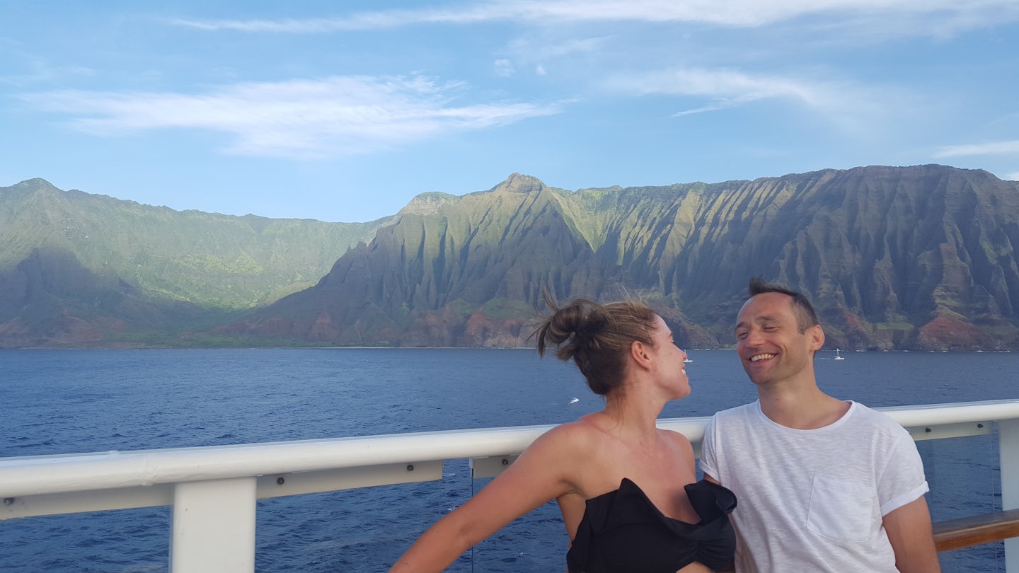 Mr and Mrs Gossage, on our honeymoon. The coast of Kaui on the last day of our trip on the Pride of America .