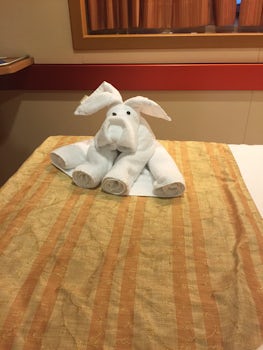 This a puppy dog made of towels by our steward