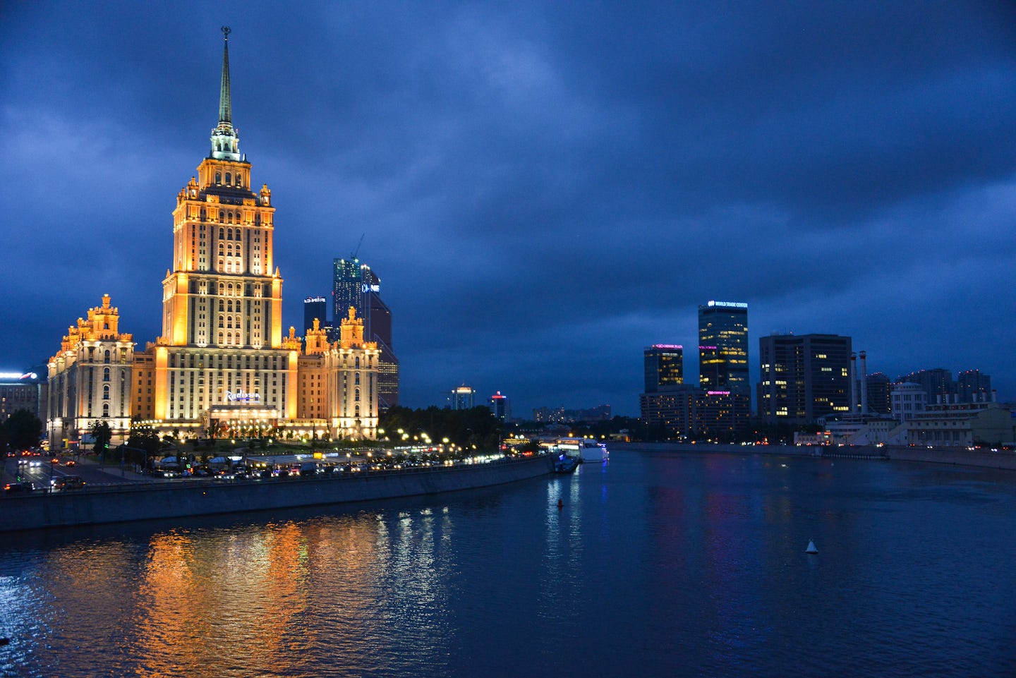 The Radisson Royal Hotel at night in Moscow.
