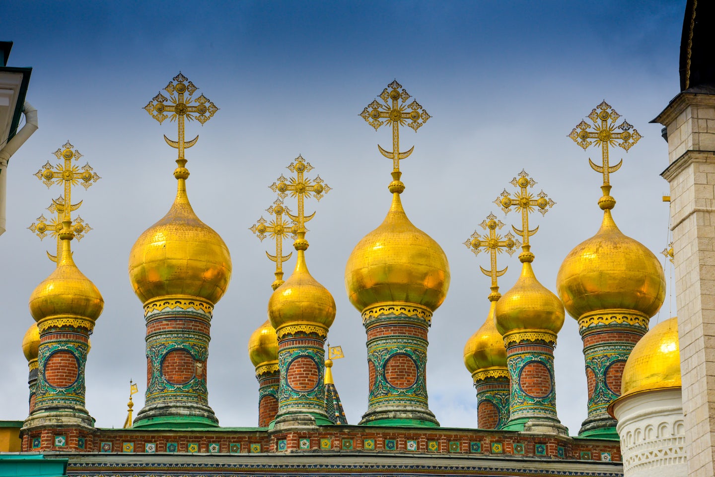 The spires of one of the churches inside the Kremlin in Moscow.