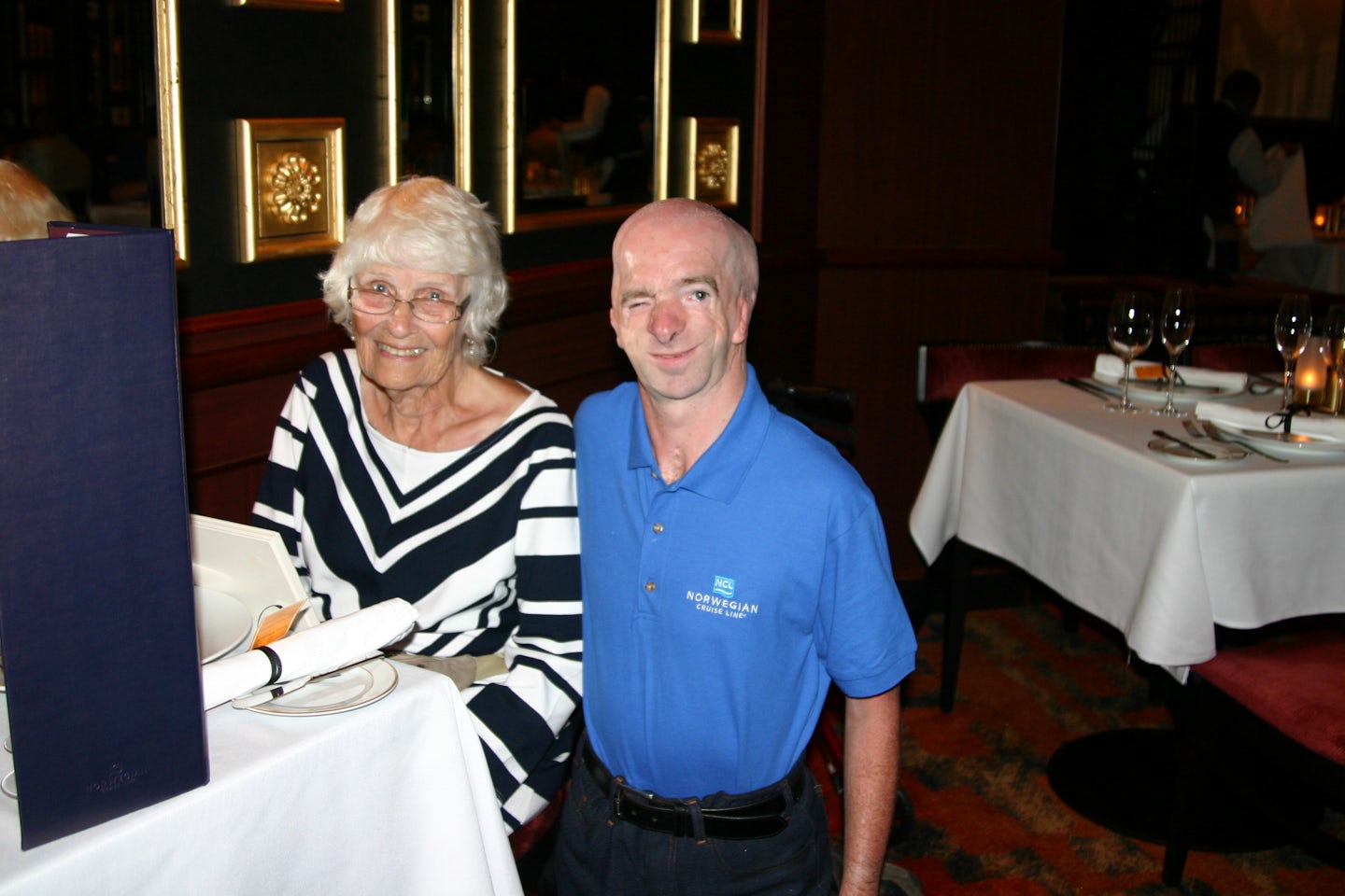 Me with Mom at Le Bistro, for dinner on last night of cruise