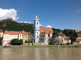 View from ship of castle on banks of The Danube
