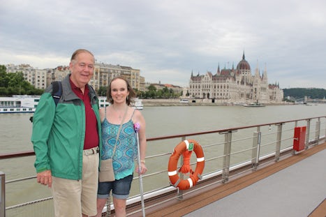My Dad and I on the ship as we sail out of Budapest. The Parliament Buildin