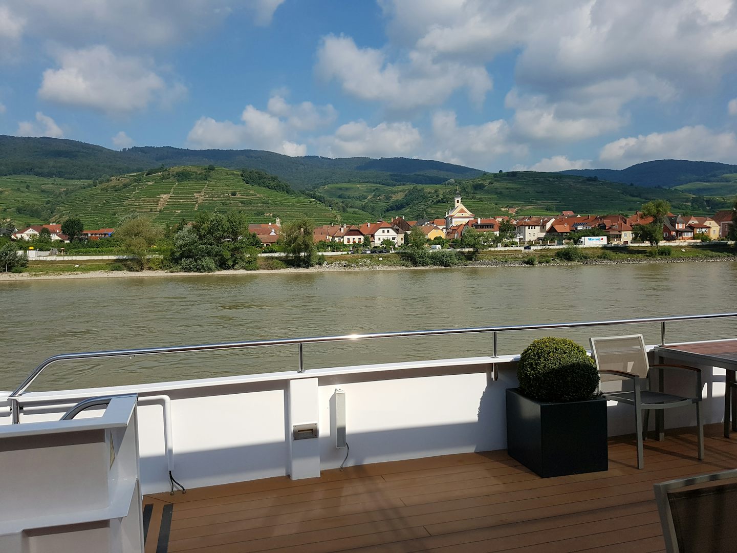 Typically serene outlook sailing on Rhine & Danube. Vessel, amenities, staff & 1st class touring exceeded all expectations. Added bonus of themed Wellness Cruise, together with daily instruction from yoga professional Connie, gave new meaning to fitness & flexibility for all ages. Highly recommend.