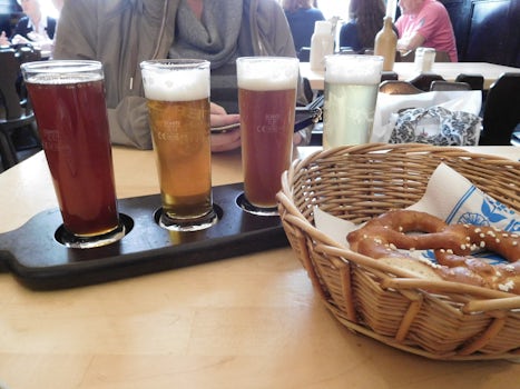 Flight of beer and a warm pretzel at Vetter's Brauhaus, Heidelberg, Ger
