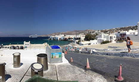 Mikonos harbour from windmills with the ship anchored outside the port, we