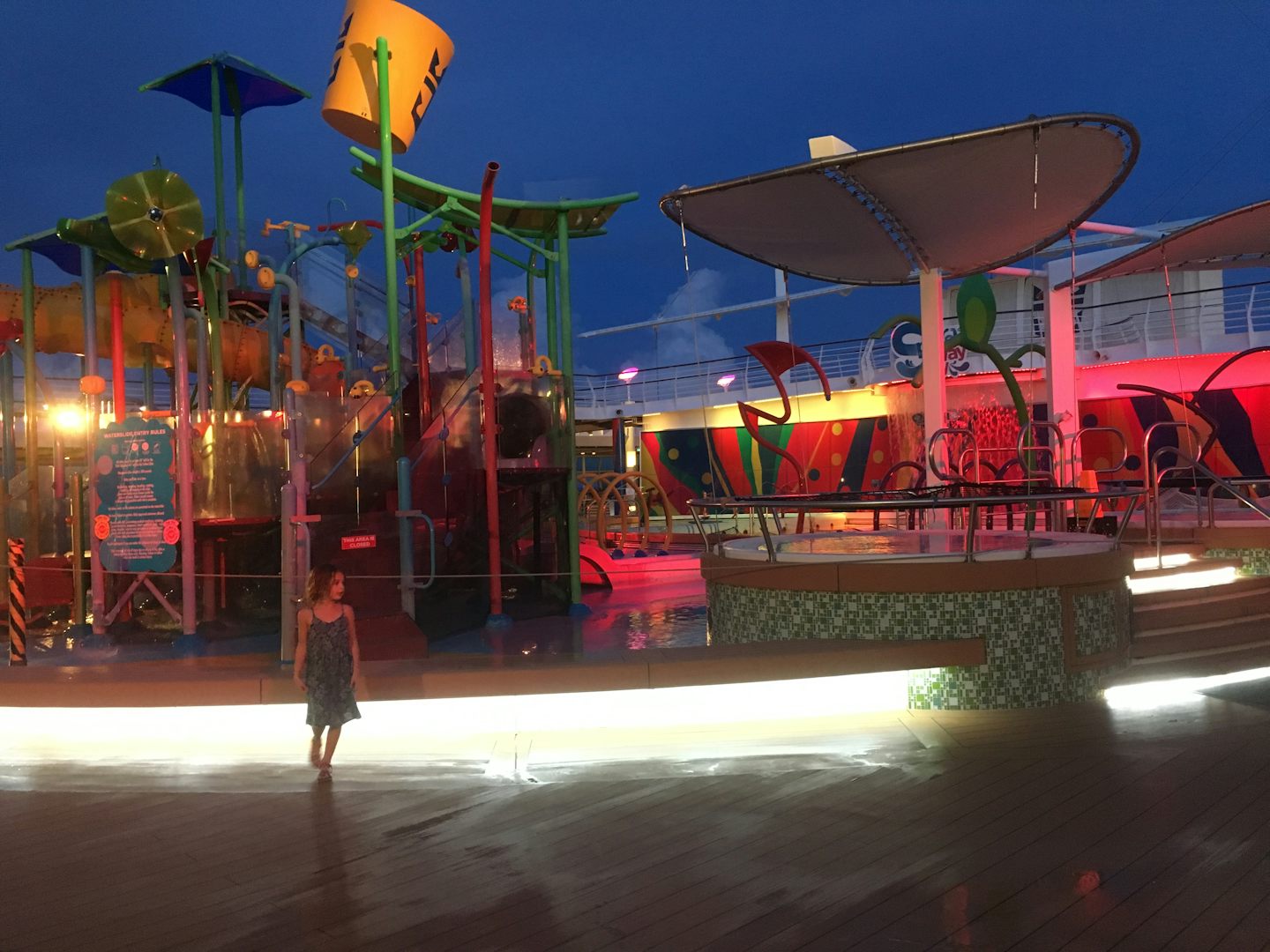 Kids water play area at night