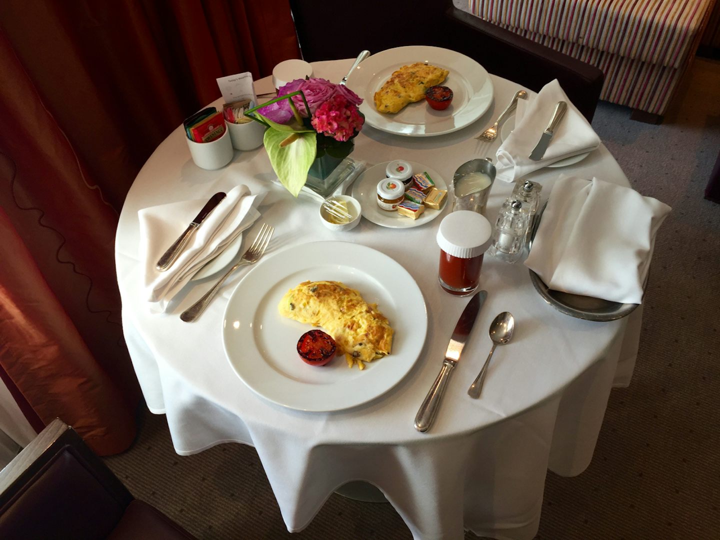 Room service breakfast aboard Sojourn.  Still no ship afloat can compete wi