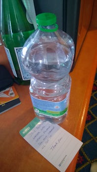 An open bottle of water left from the previous guests in our cabin.