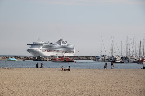Grand Princess anchored off Santa Barbara. Tender visible between beach and