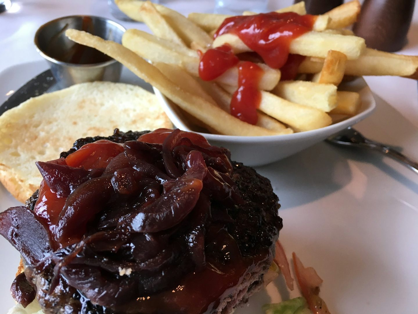 Gluten free, dairy free burger and fries at Cagney's