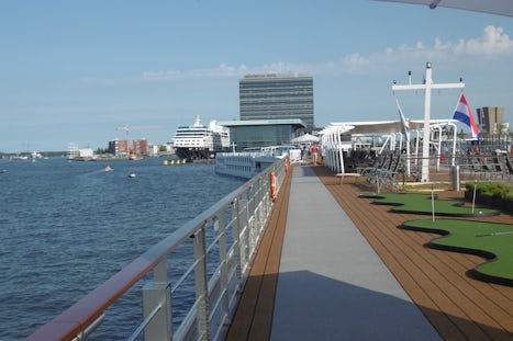 This is the sun deck looking toward the bow.  Shows the walking track and t