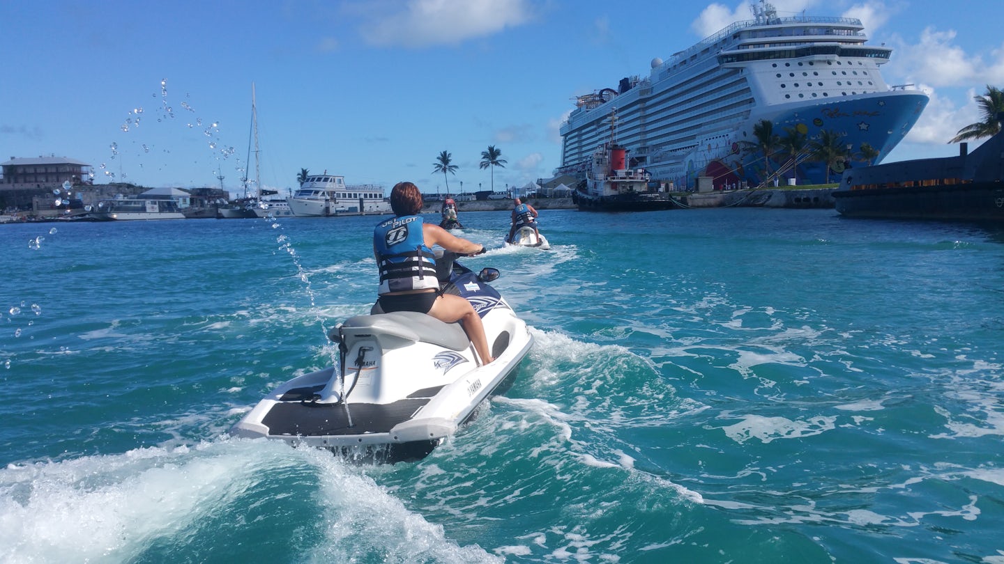 Taking a jet ski tour around Bermuda and passing our beautiful ship the Breakaway